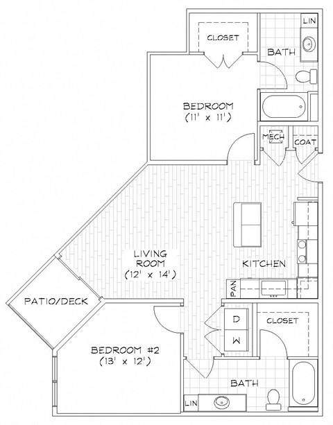 Floor plan for 2 beds, 2 baths, 971 sqft
